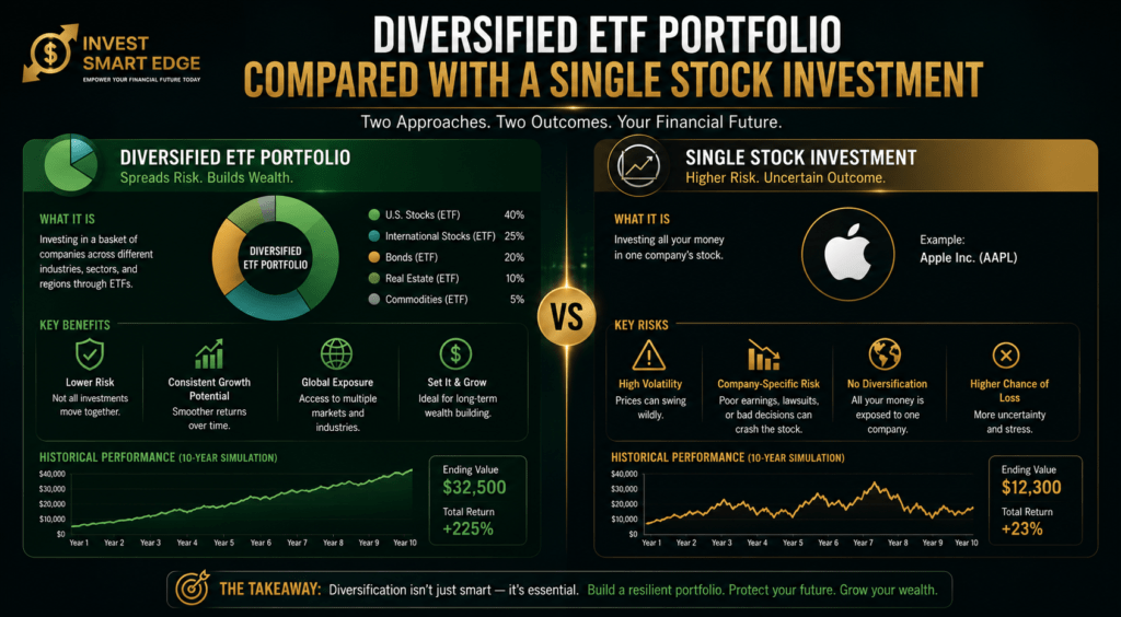 Diversified ETF portfolio compared with a single stock investment