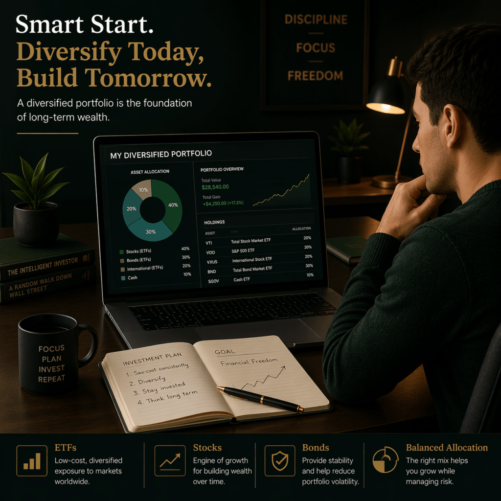 Beginner investor building a diversified investment portfolio for long-term wealth growth
