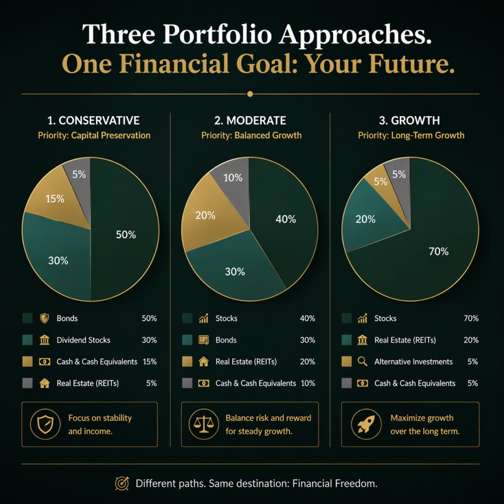 Examples of conservative, moderate, and growth investment portfolios